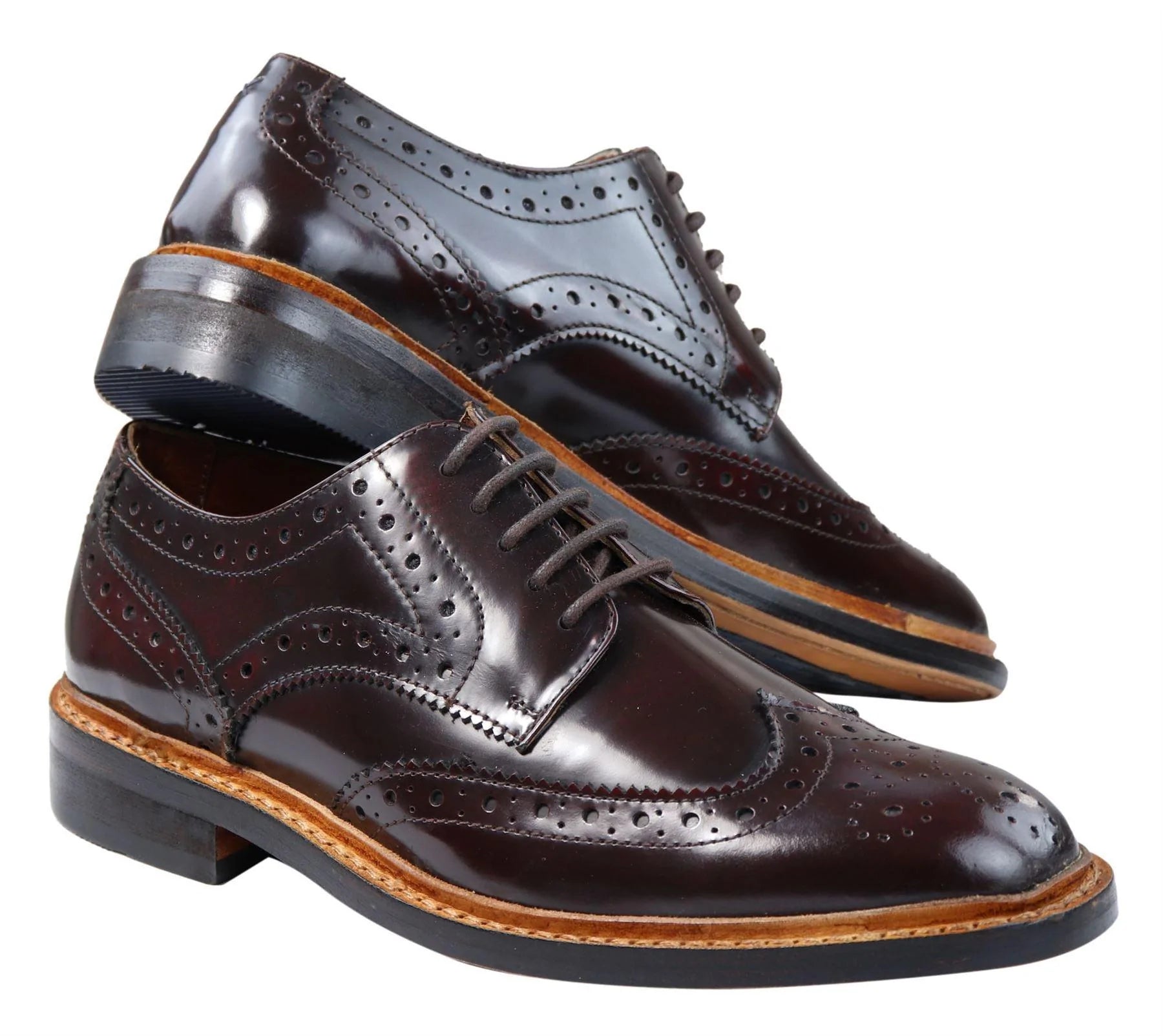 Sapatos Oxford Brogue Masculinos em Couro com Cadarço, Costura Goodyear Welt, Tons de Bege, Marrom e Bordô