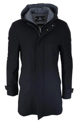 Casaco masculino preto 3/4 de comprimento com capuz removível, elegante e casual, para o inverno, em lã quente.