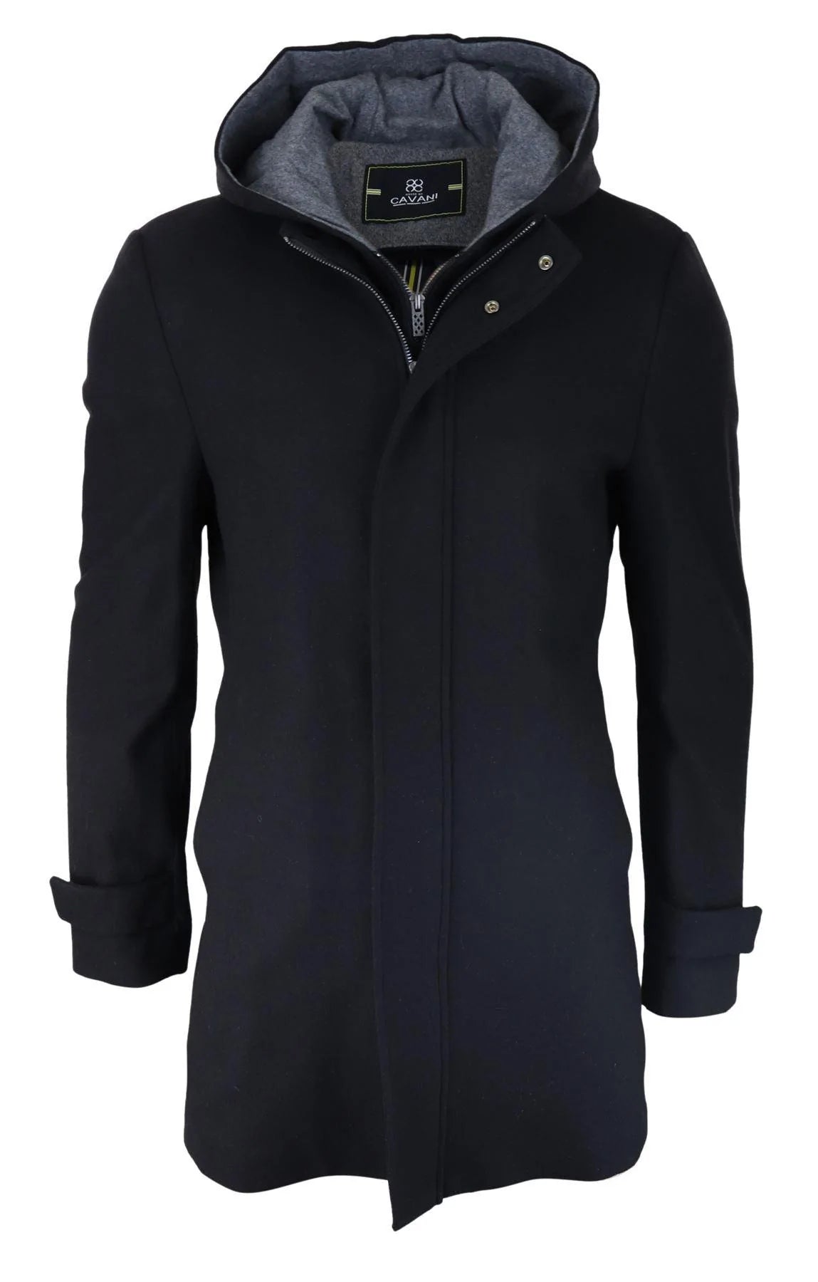 Casaco masculino preto 3/4 de comprimento com capuz removível, elegante e casual, para o inverno, em lã quente.