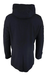 Casaco masculino preto 3/4 de comprimento com capuz removível, elegante e casual, para o inverno, em lã quente.