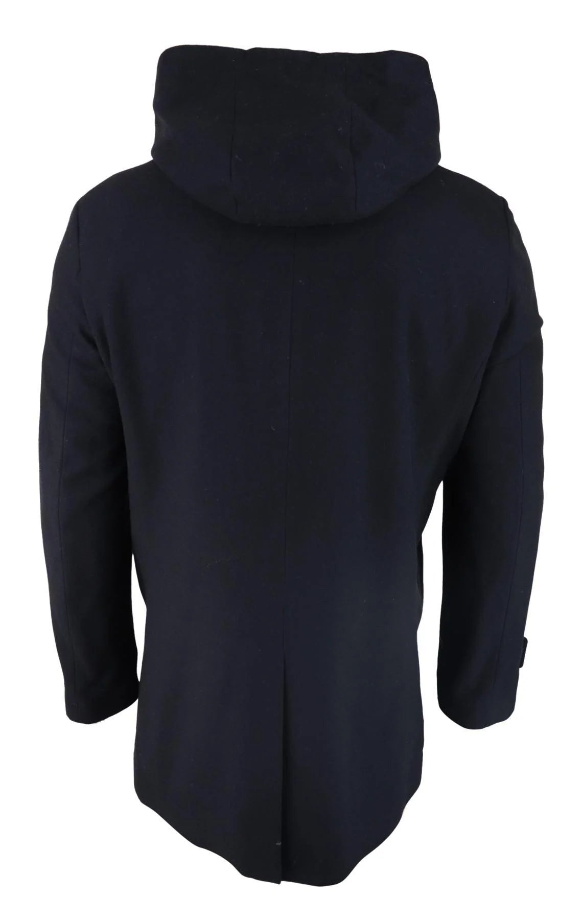 Casaco masculino preto 3/4 de comprimento com capuz removível, elegante e casual, para o inverno, em lã quente.
