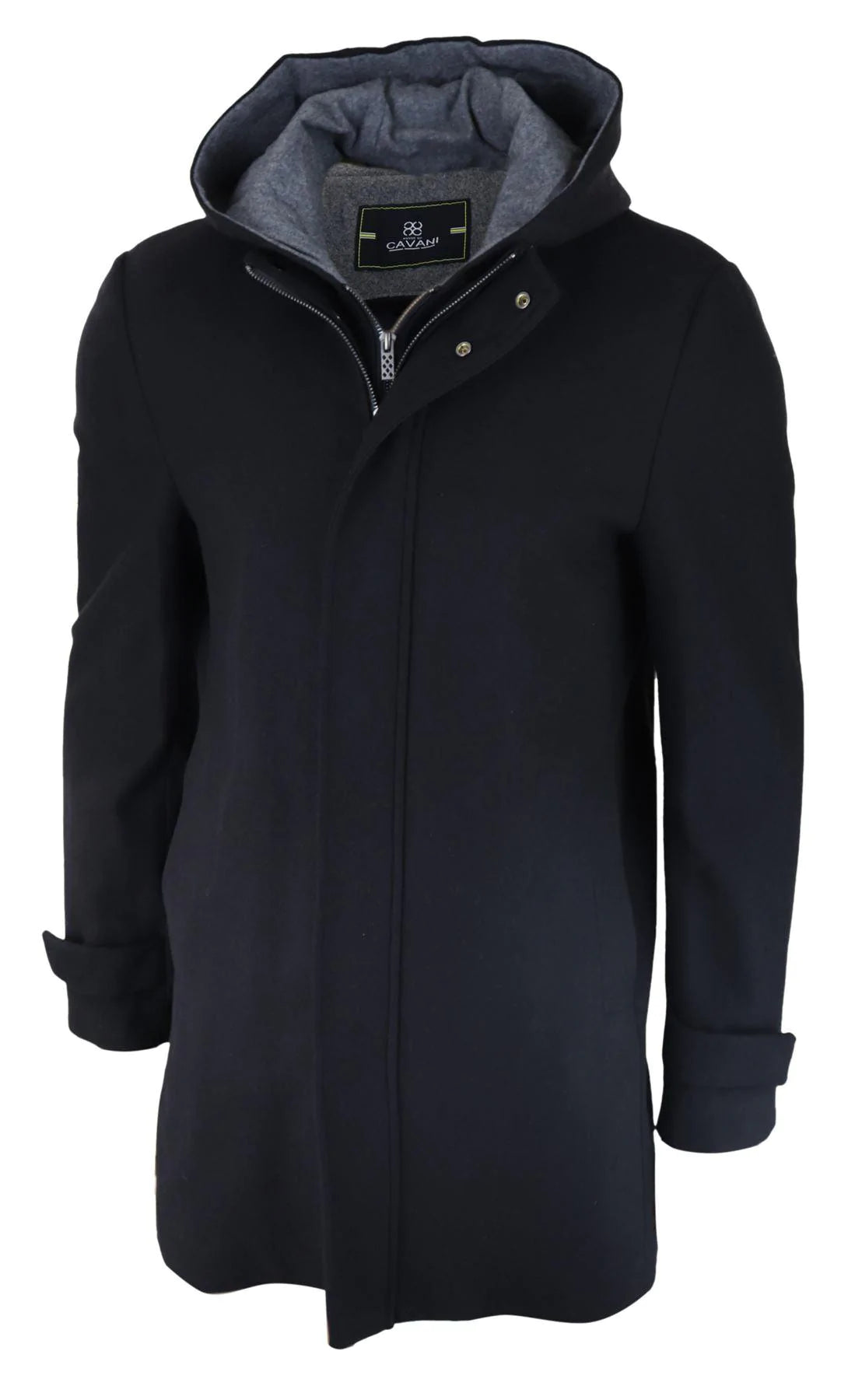 Casaco masculino preto 3/4 de comprimento com capuz removível, elegante e casual, para o inverno, em lã quente.
