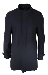 Casaco masculino preto 3/4 de comprimento com capuz removível, elegante e casual, para o inverno, em lã quente.
