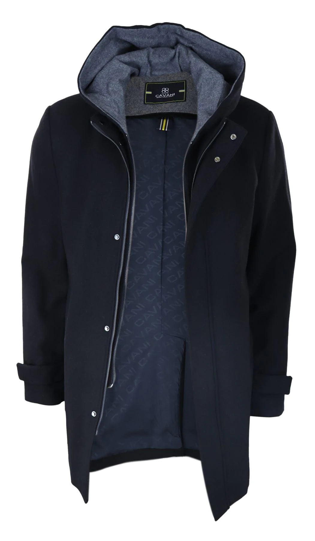 Casaco masculino preto 3/4 de comprimento com capuz removível, elegante e casual, para o inverno, em lã quente.