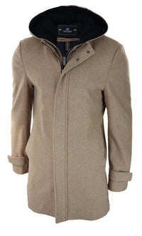 Casaco masculino 3/4 longo, cor camelo, com capuz removível, elegante e casual, em lã quente para o inverno.