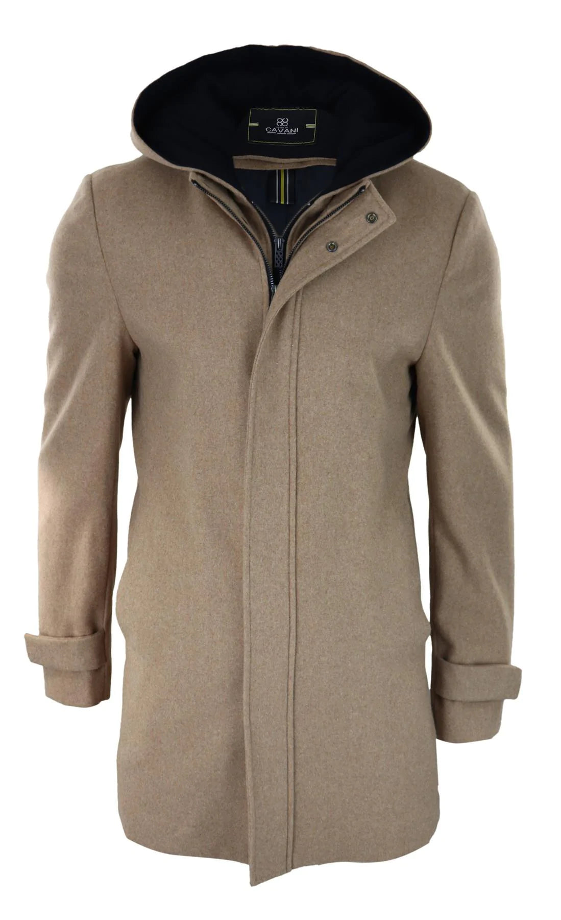 Casaco masculino 3/4 longo, cor camelo, com capuz removível, elegante e casual, em lã quente para o inverno.