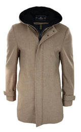 Casaco masculino 3/4 longo, cor camelo, com capuz removível, elegante e casual, em lã quente para o inverno.