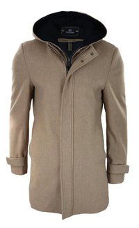 Casaco masculino 3/4 longo, cor camelo, com capuz removível, elegante e casual, em lã quente para o inverno.