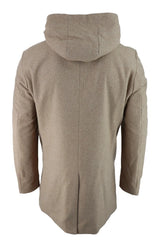 Casaco masculino 3/4 longo, cor camelo, com capuz removível, elegante e casual, em lã quente para o inverno.