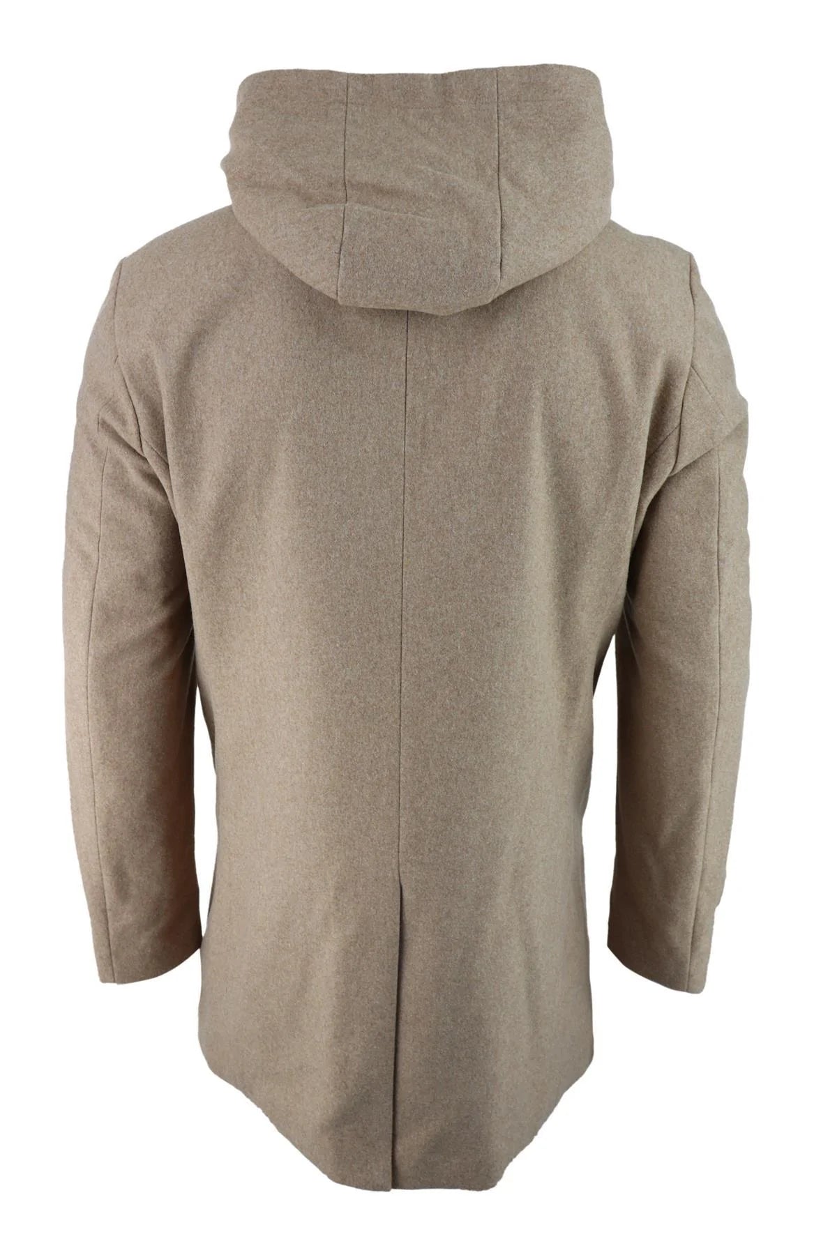 Casaco masculino 3/4 longo, cor camelo, com capuz removível, elegante e casual, em lã quente para o inverno.