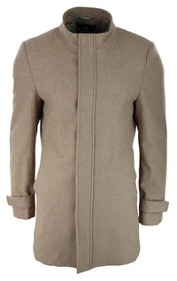 Casaco masculino 3/4 longo, cor camelo, com capuz removível, elegante e casual, em lã quente para o inverno.