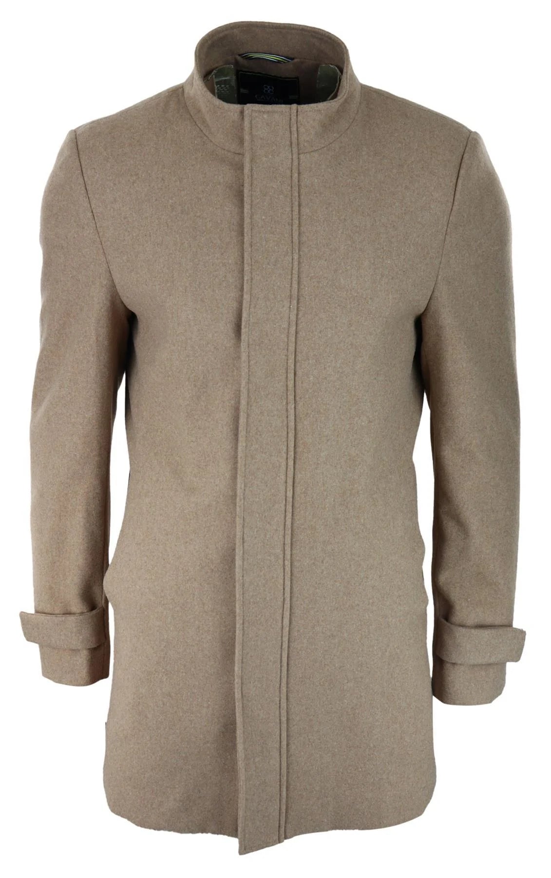 Casaco masculino 3/4 longo, cor camelo, com capuz removível, elegante e casual, em lã quente para o inverno.