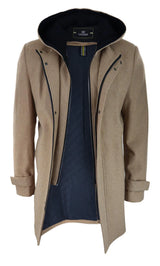Casaco masculino 3/4 longo, cor camelo, com capuz removível, elegante e casual, em lã quente para o inverno.