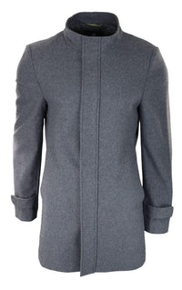 Casaco masculino cinza 3/4 de comprimento com capuz removível, elegante e casual, para o inverno, em lã quente.