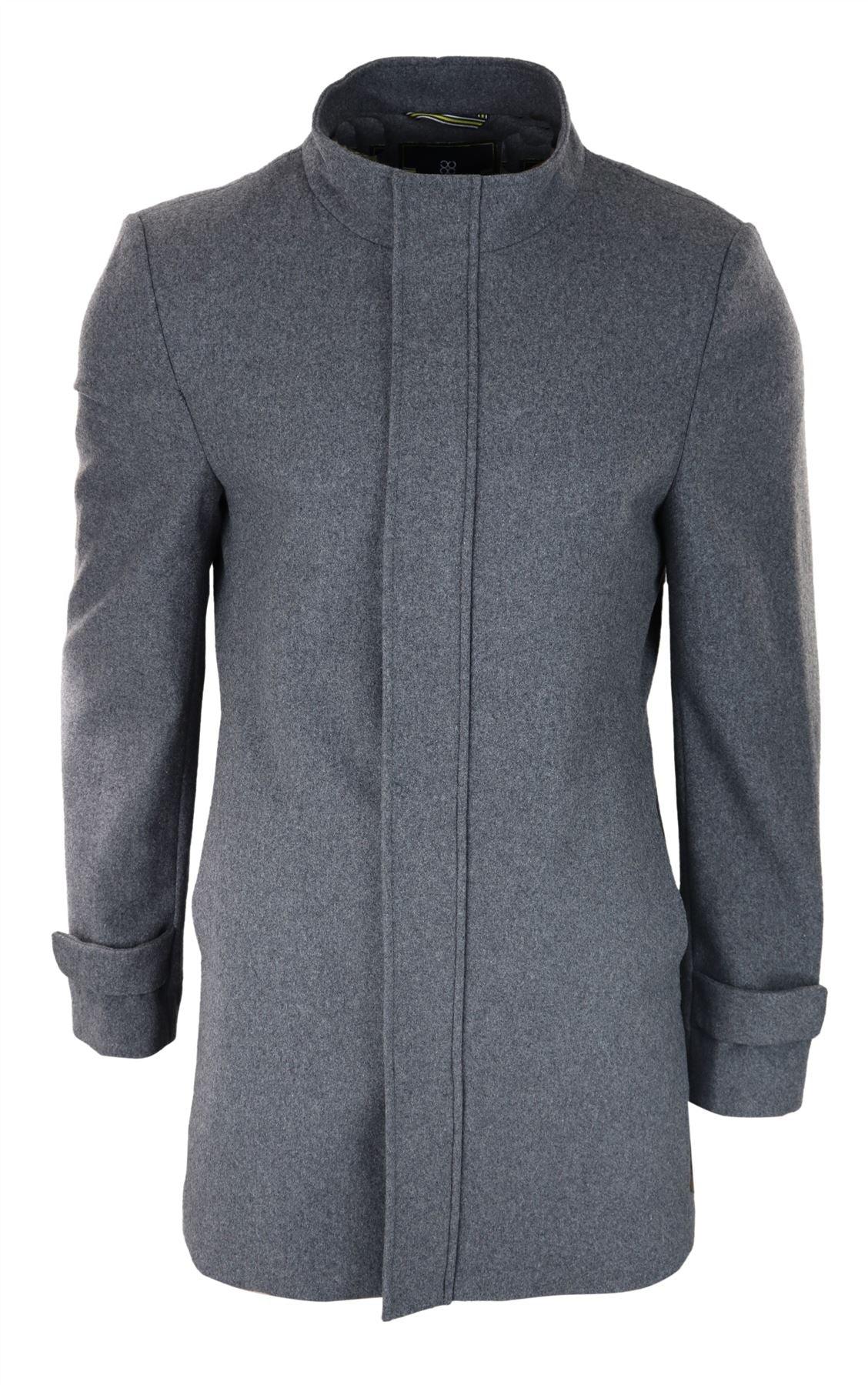 Casaco masculino cinza 3/4 de comprimento com capuz removível, elegante e casual, para o inverno, em lã quente.