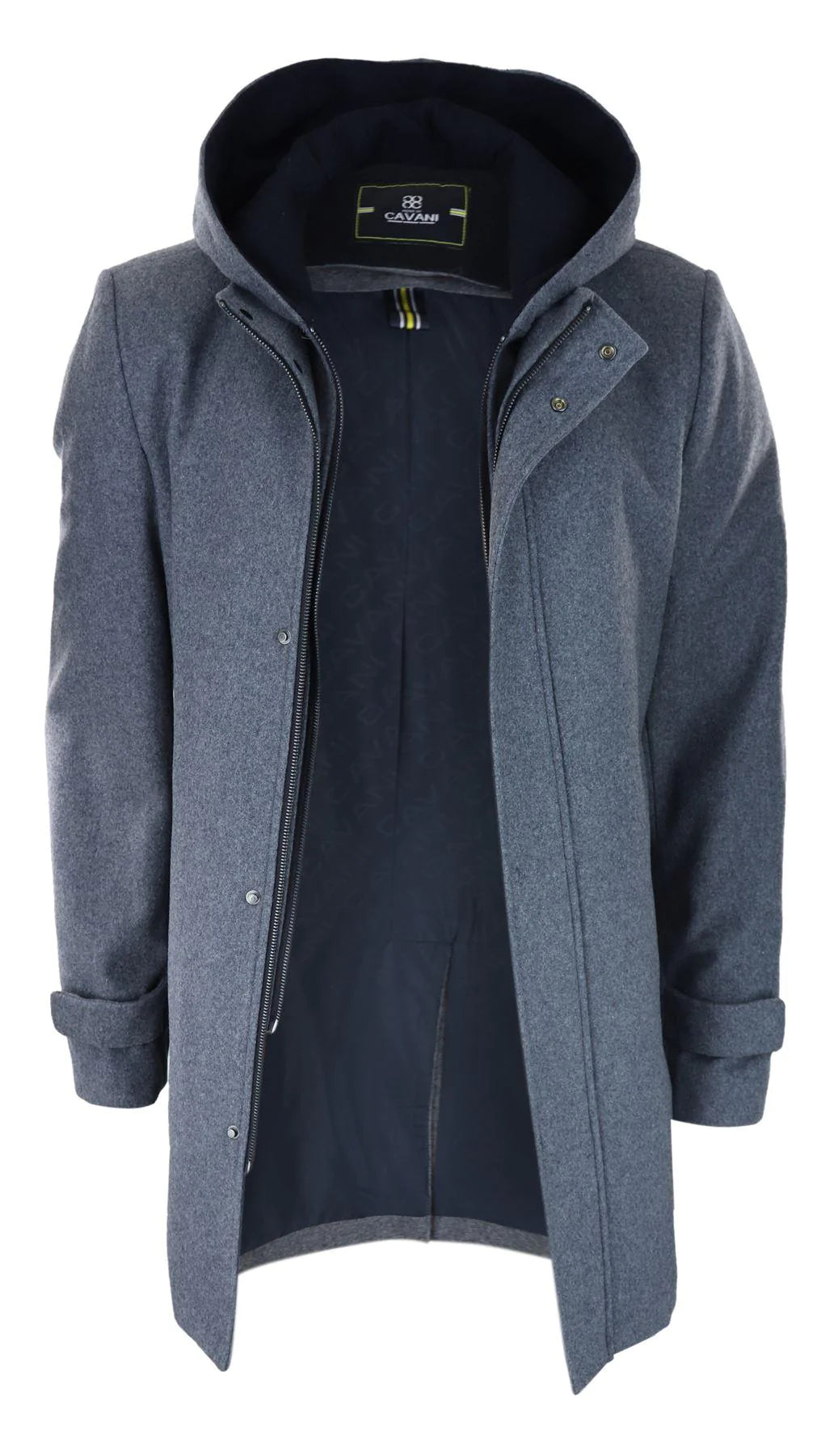 Casaco masculino cinza 3/4 de comprimento com capuz removível, elegante e casual, para o inverno, em lã quente.