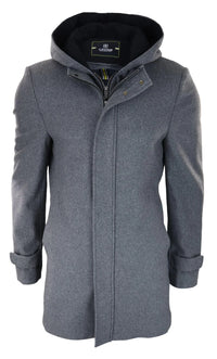 Casaco masculino cinza 3/4 de comprimento com capuz removível, elegante e casual, para o inverno, em lã quente.
