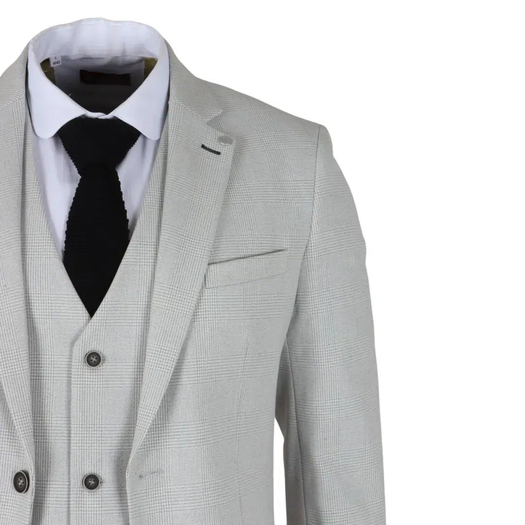Miller - Terno masculino cinza xadrez de 3 peças com corte sob medida.