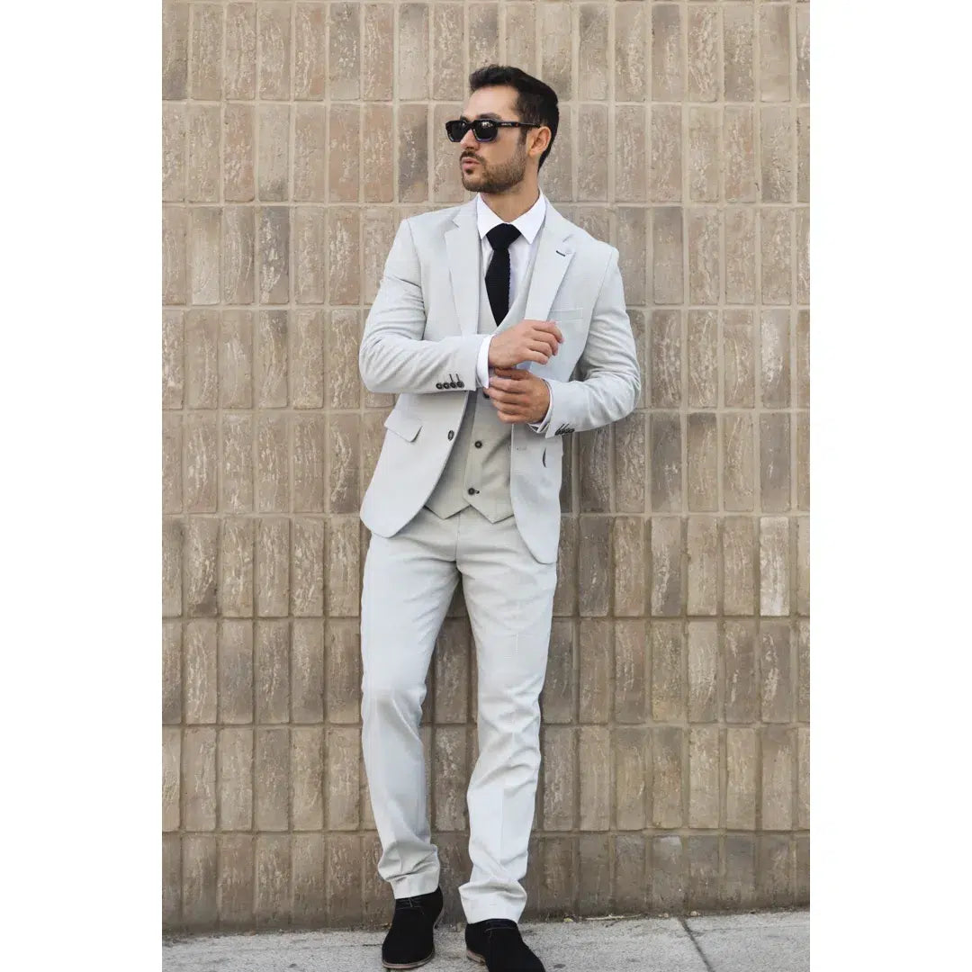 Miller - Terno masculino cinza xadrez de 3 peças com corte sob medida.