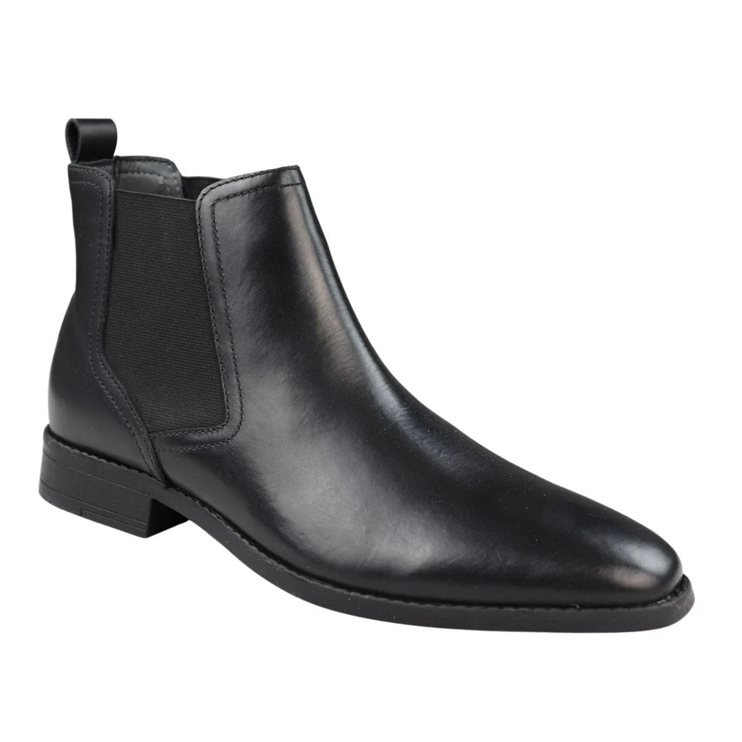 Botas Chelsea masculinas pretas de couro legítimo, estilo casual elegante.