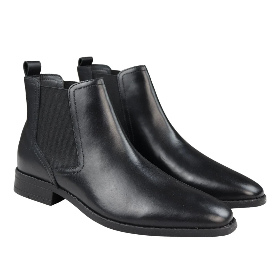 Botas Chelsea masculinas pretas de couro legítimo, estilo casual elegante.