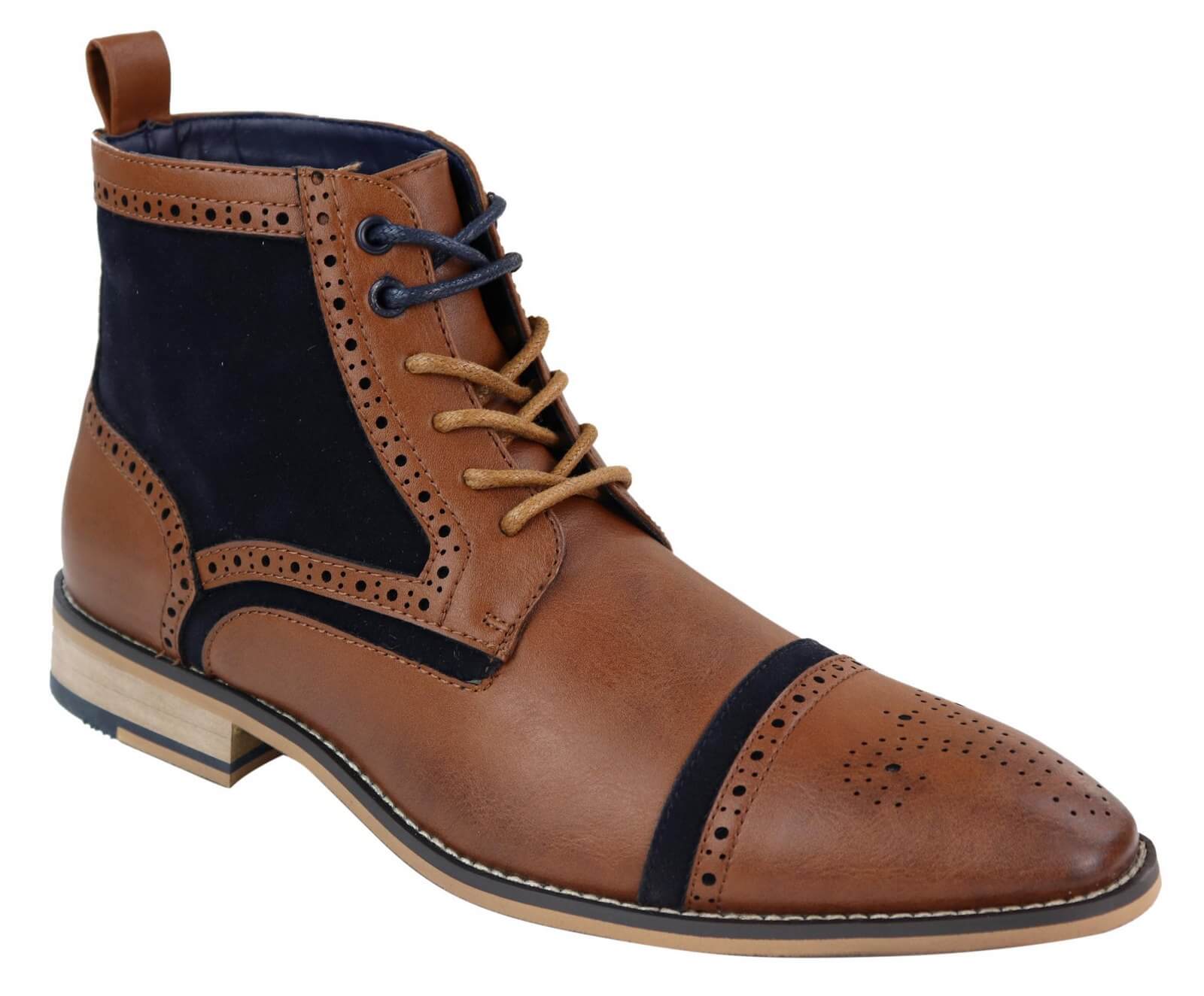 Botas de cano curto masculinas em couro e veludo bege/azul-marinho