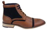 Botas de cano curto masculinas em couro e veludo bege/azul-marinho