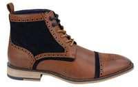 Botas de cano curto masculinas em couro e veludo bege/azul-marinho