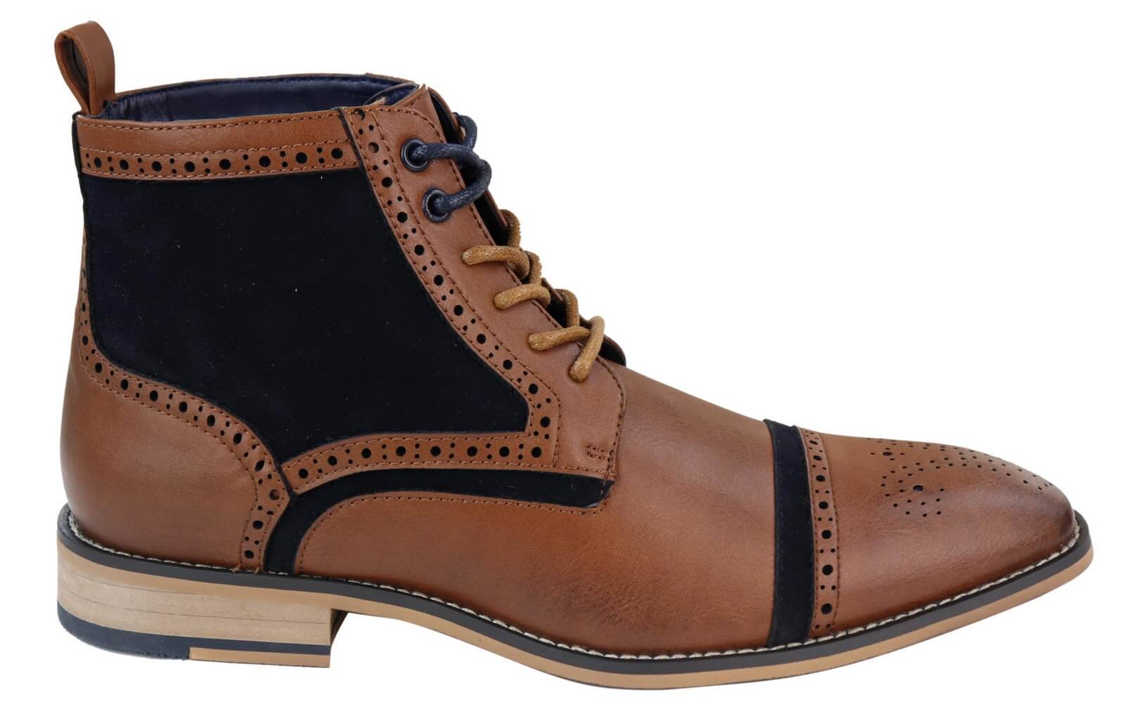 Botas de cano curto masculinas em couro e veludo bege/azul-marinho