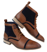 Botas de cano curto masculinas em couro e veludo bege/azul-marinho