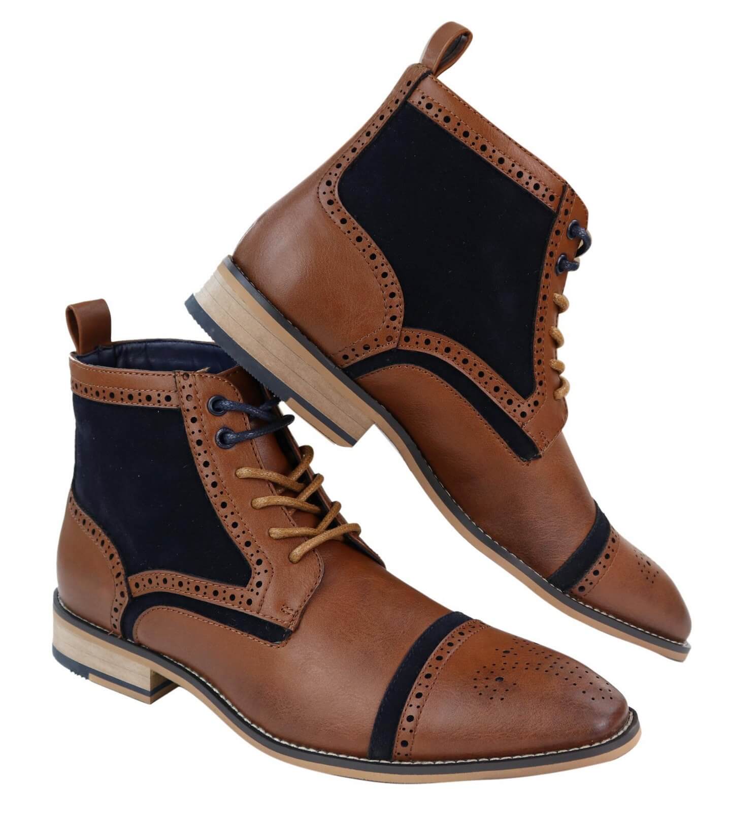 Botas de cano curto masculinas em couro e veludo bege/azul-marinho