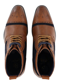 Botas de cano curto masculinas em couro e veludo bege/azul-marinho
