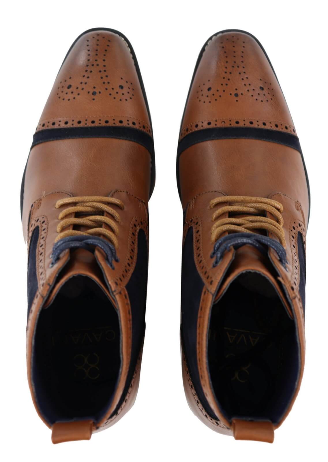 Botas de cano curto masculinas em couro e veludo bege/azul-marinho