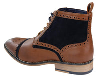 Botas de cano curto masculinas em couro e veludo bege/azul-marinho