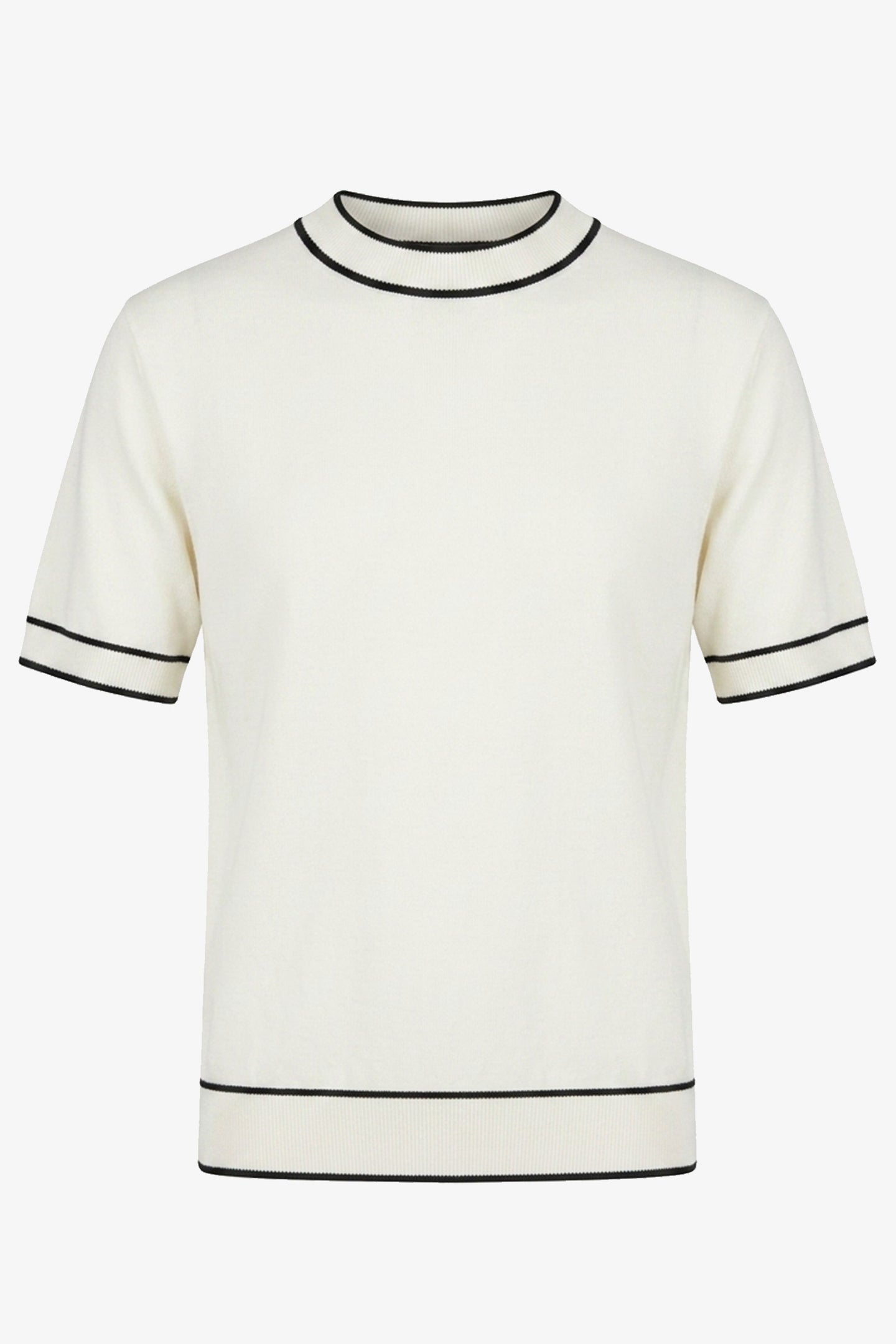 Camiseta masculina Off White de malha, corte regular, gola redonda com detalhes contrastantes.