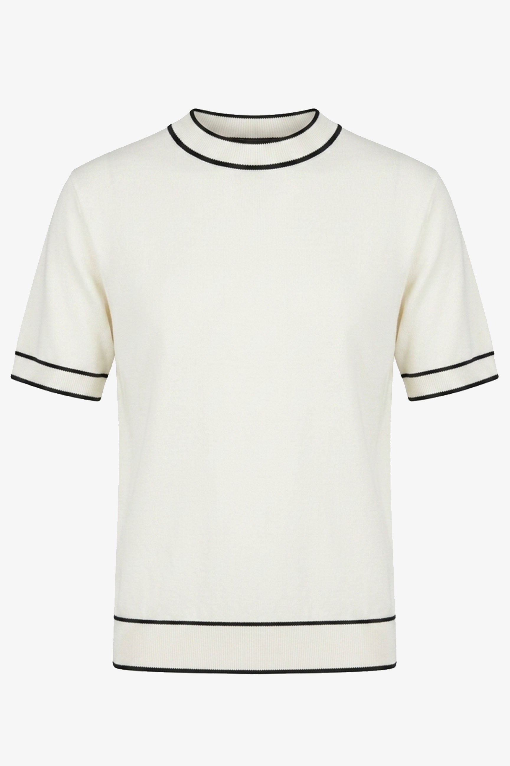 Camiseta masculina Off White de malha, corte regular, gola redonda com detalhes contrastantes.