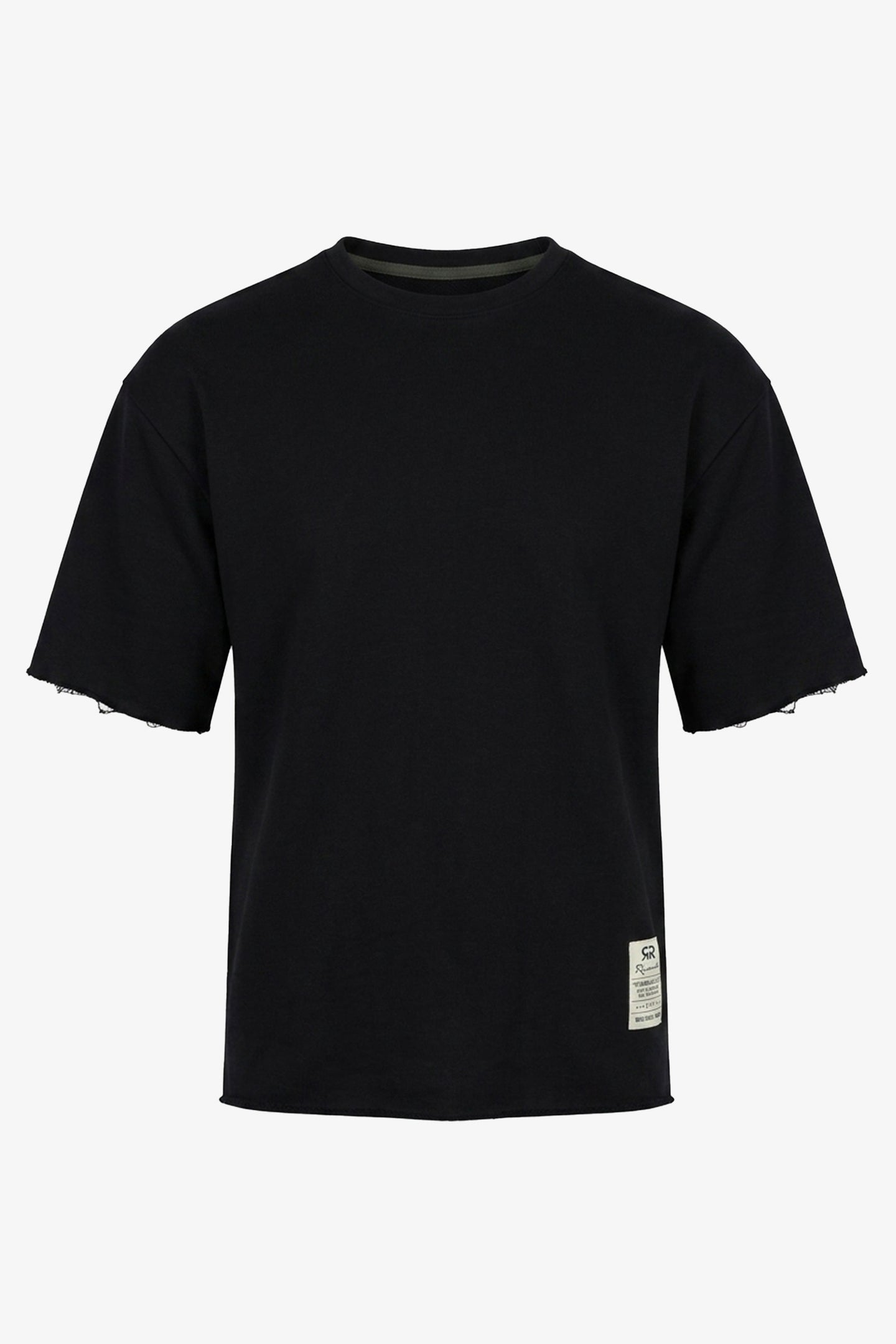 Camiseta masculina azul-marinho escura, modelagem relaxada, barra desfiada, gola redonda, em mistura de algodão.