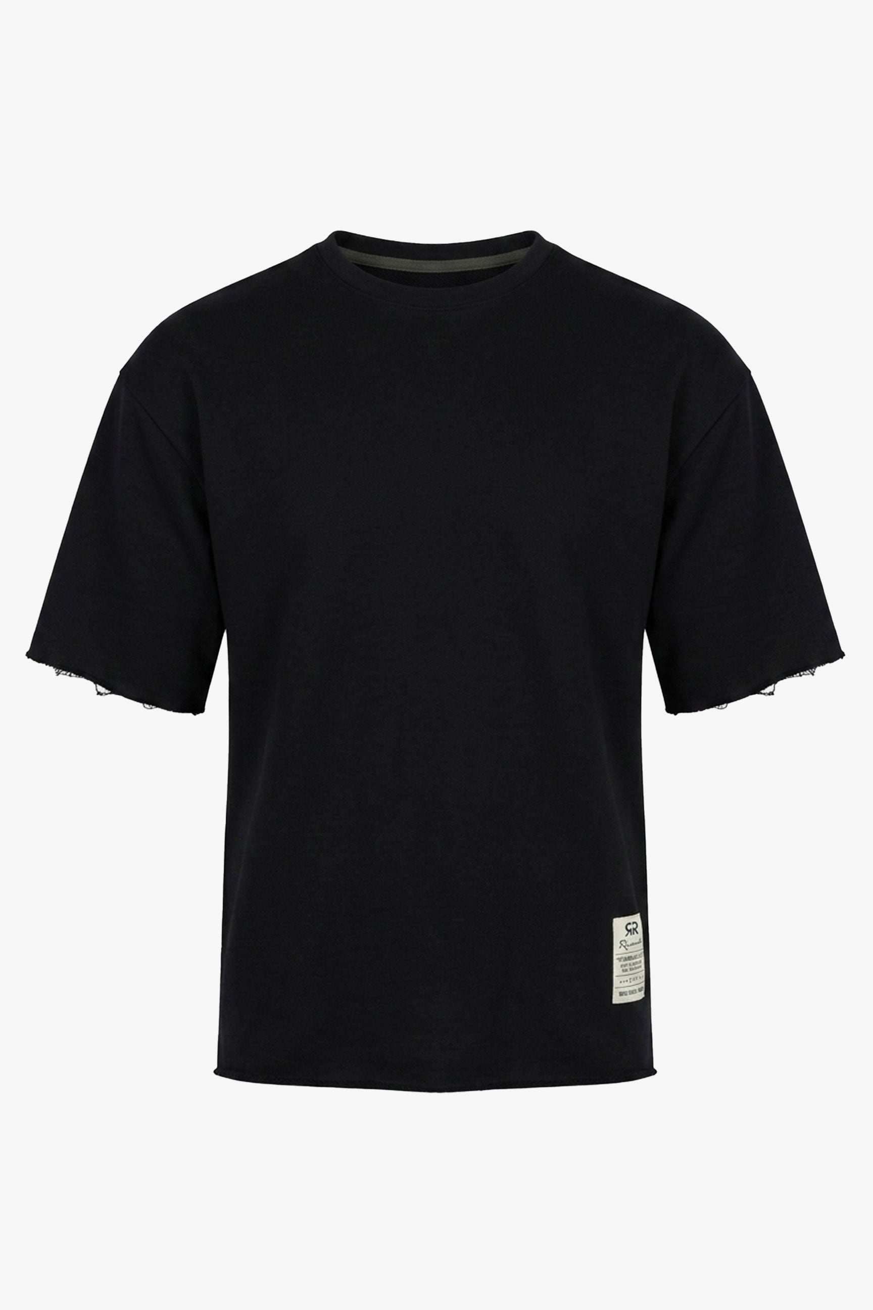 Camiseta masculina azul-marinho escura, modelagem relaxada, barra desfiada, gola redonda, em mistura de algodão.