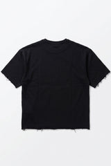 Camiseta masculina azul-marinho escura, modelagem relaxada, barra desfiada, gola redonda, em mistura de algodão.