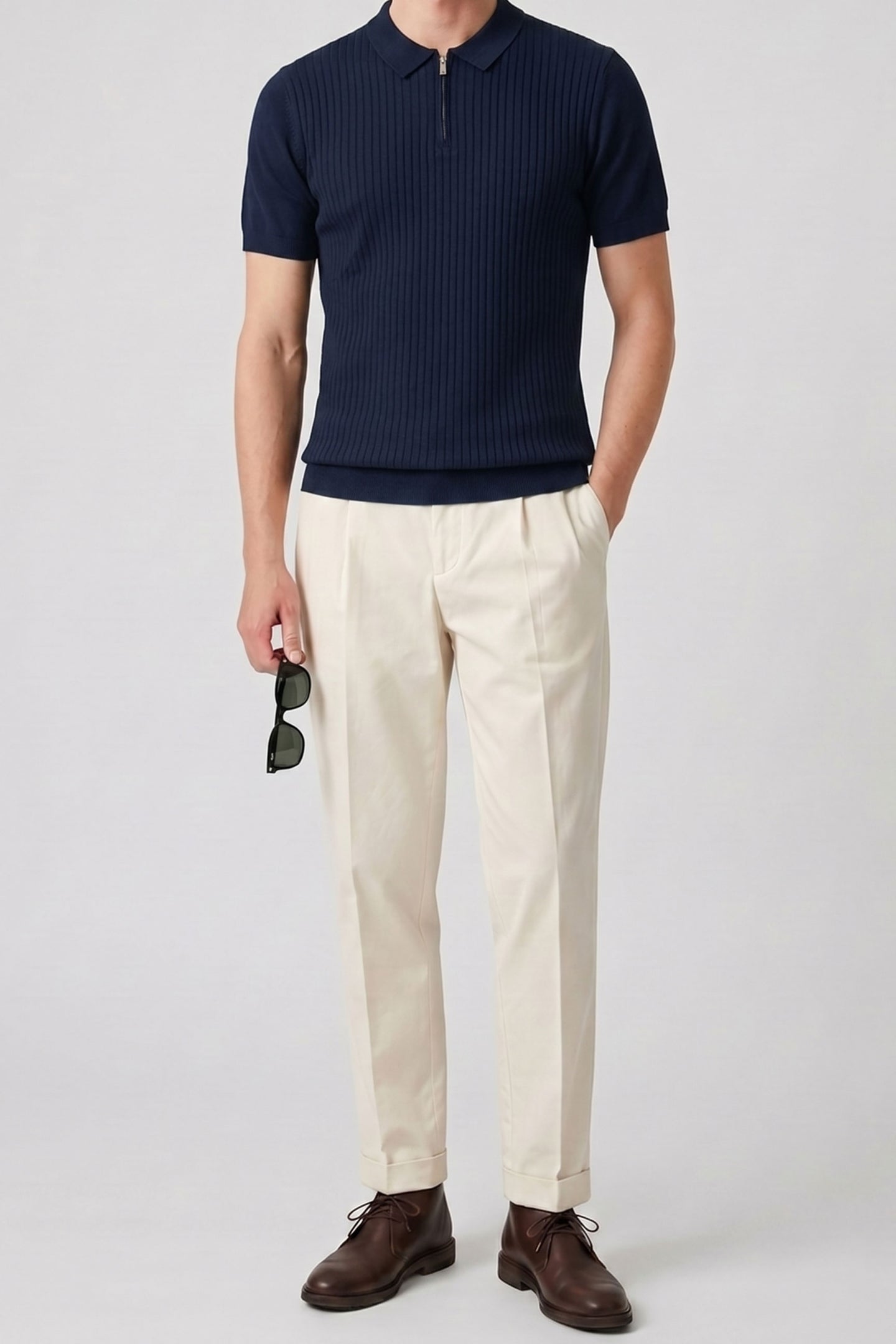 Camisa polo azul-marinho de malha com zíper para homens