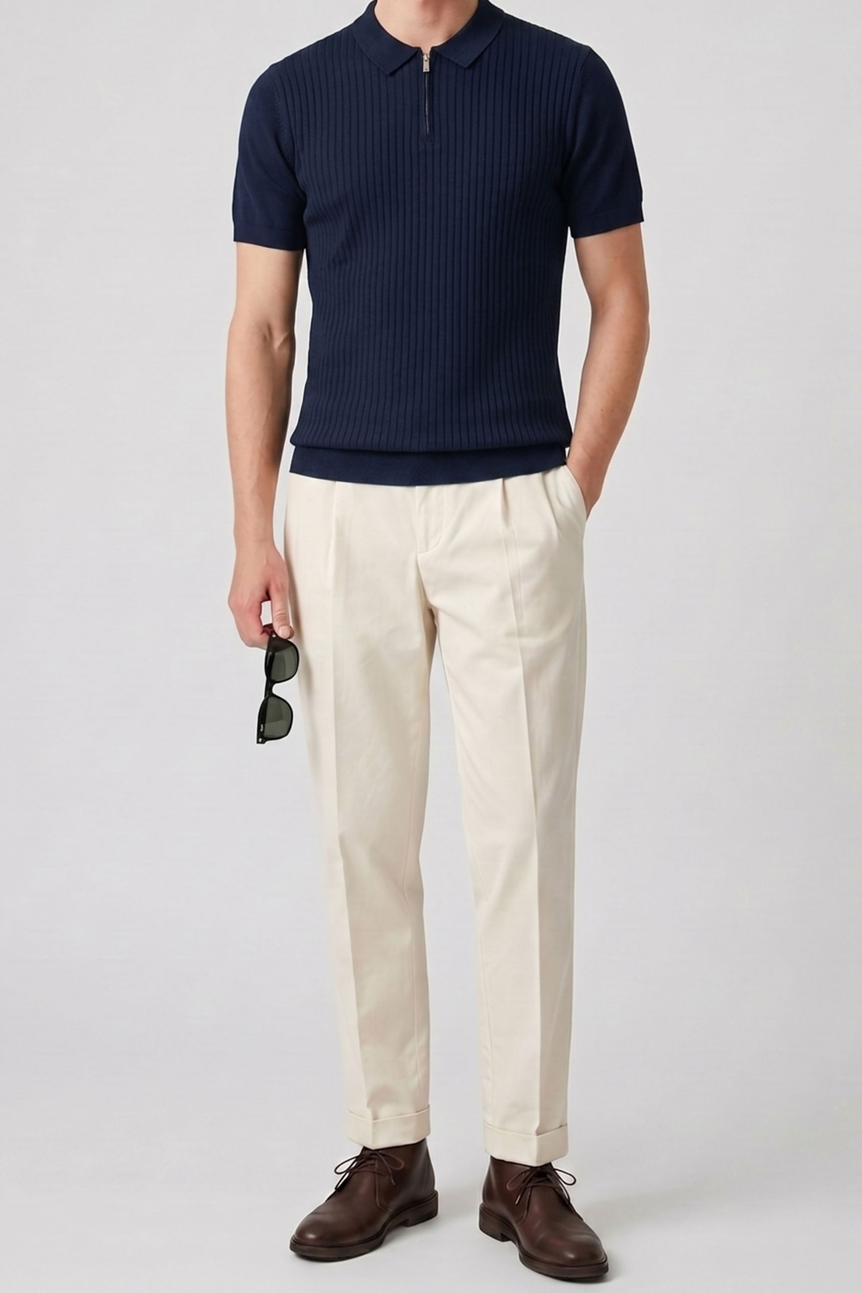 Camisa polo azul-marinho de malha com zíper para homens