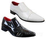 Sapatos sociais masculinos elegantes, brancos, de verniz brilhante, com forro de couro italiano.