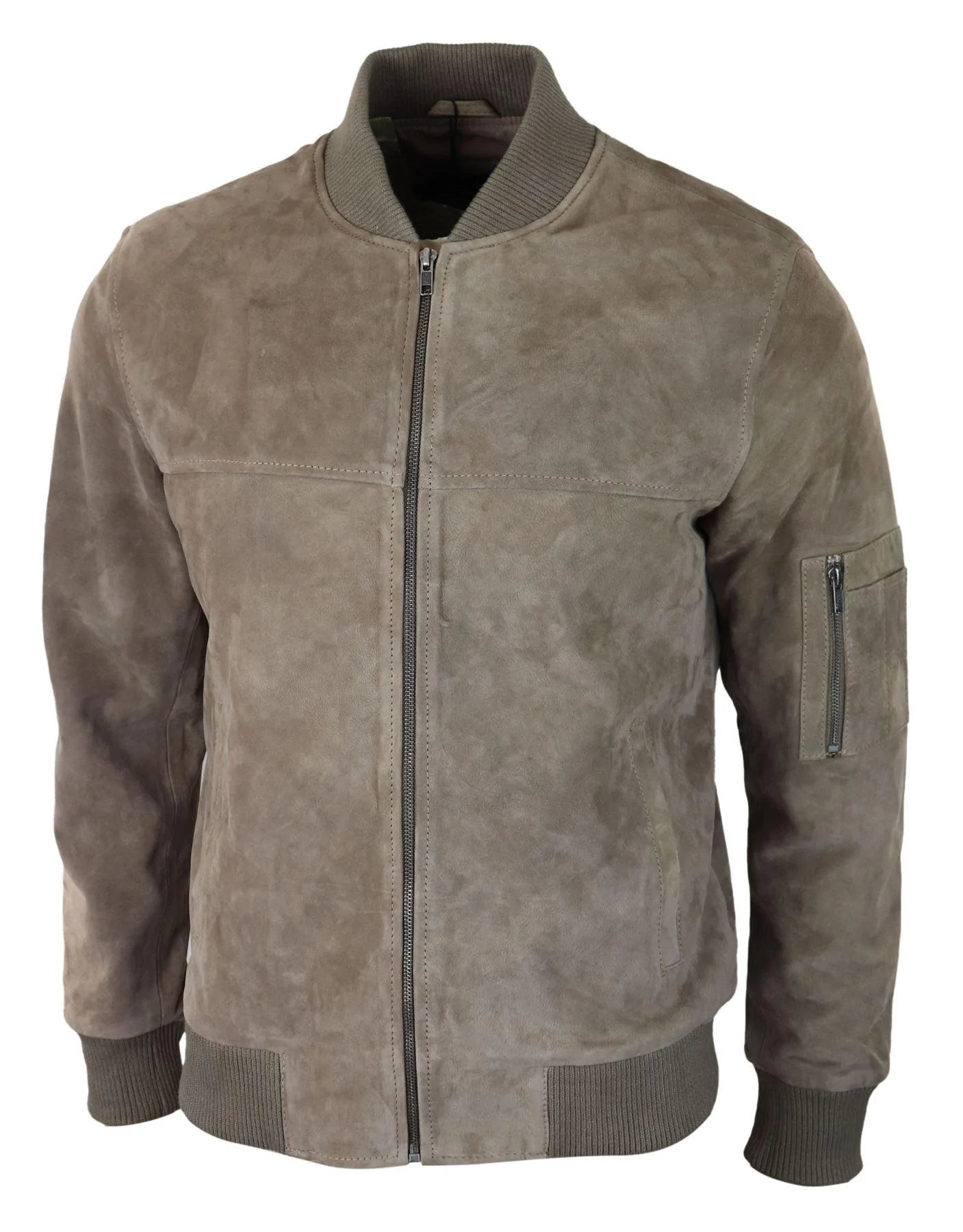 Jaqueta Bomber Masculina de Camurça Genuína em Couro, Estilo Casual Universitário Vintage, Bege