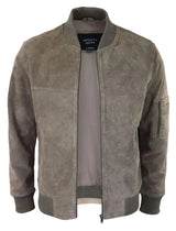 Jaqueta Bomber Masculina de Camurça Genuína em Couro, Estilo Casual Universitário Vintage, Bege