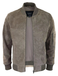 Jaqueta Bomber Masculina de Camurça Genuína em Couro, Estilo Casual Universitário Vintage, Bege