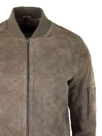 Jaqueta Bomber Masculina de Camurça Genuína em Couro, Estilo Casual Universitário Vintage, Bege