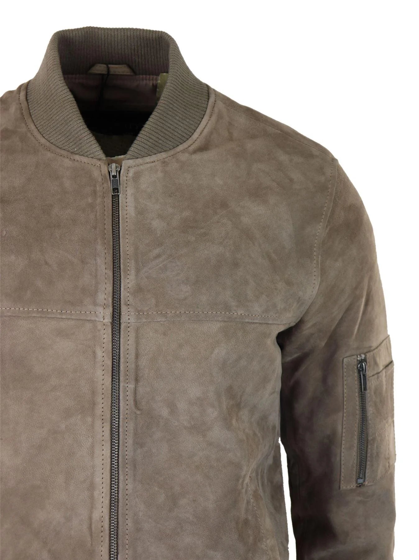 Jaqueta Bomber Masculina de Camurça Genuína em Couro, Estilo Casual Universitário Vintage, Bege
