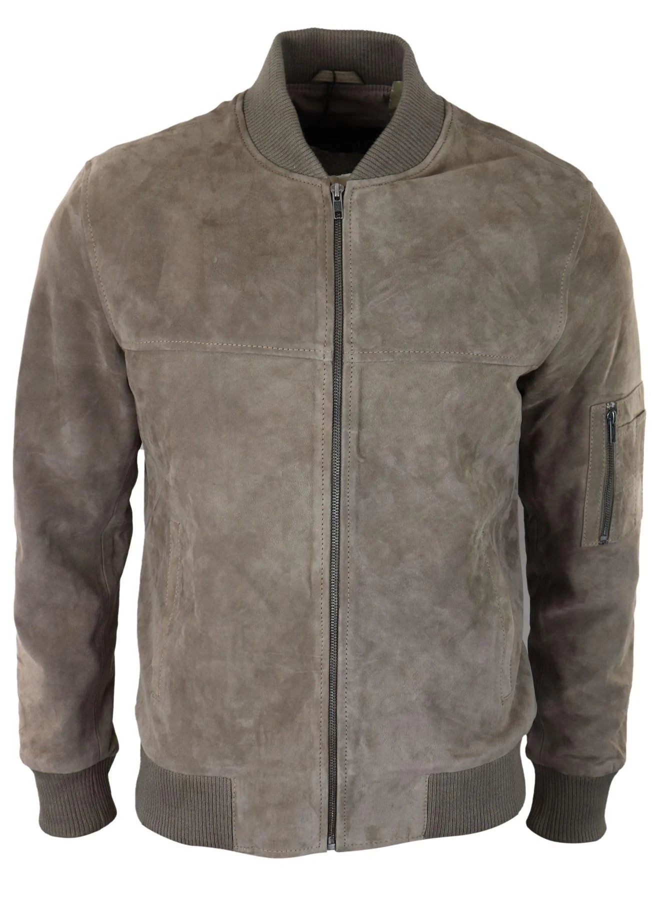 Jaqueta Bomber Masculina de Camurça Genuína em Couro, Estilo Casual Universitário Vintage, Bege