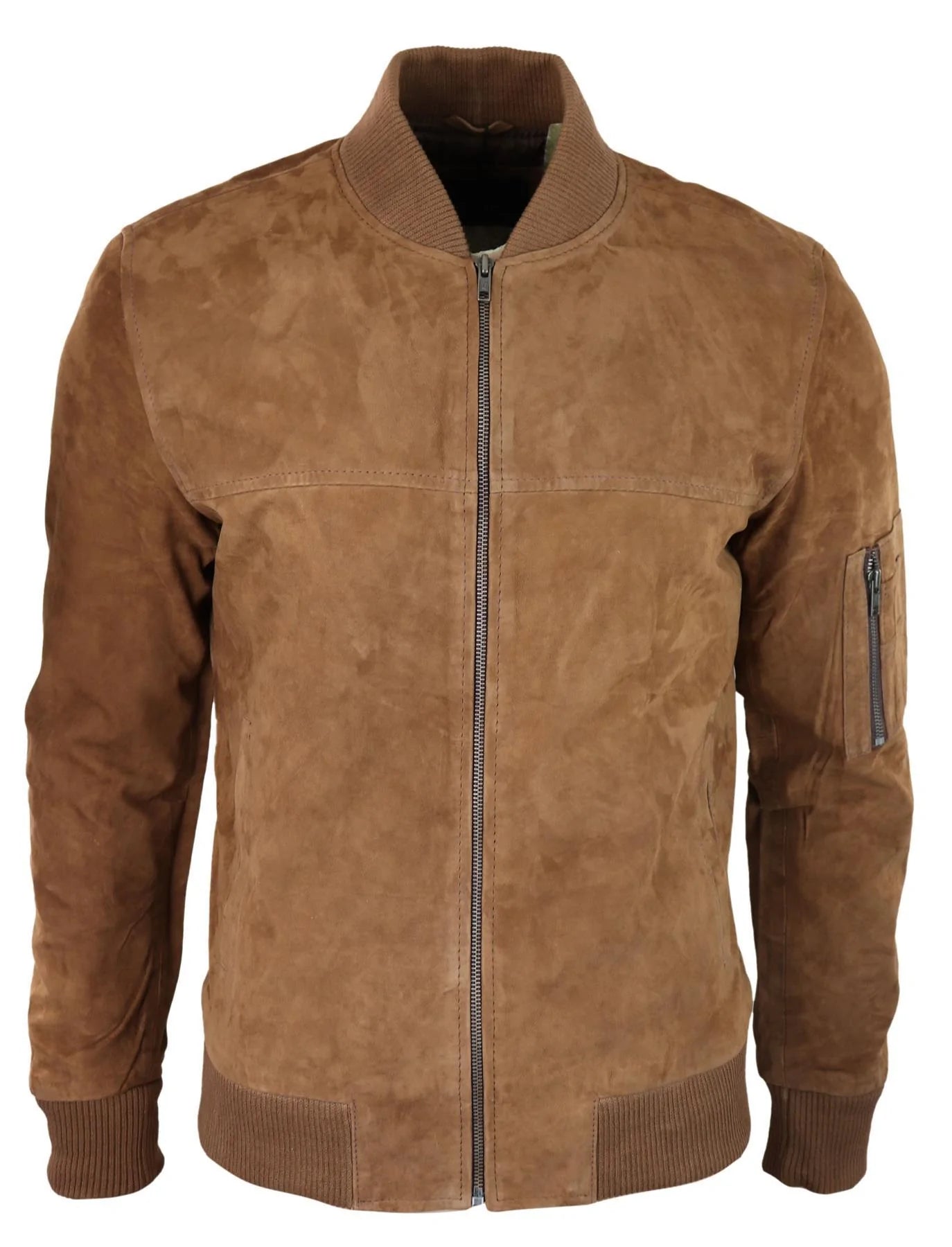 Jaqueta Bomber Masculina de Camurça Genuína em Couro, Estilo Casual Universitário Vintage, Cor Marrom