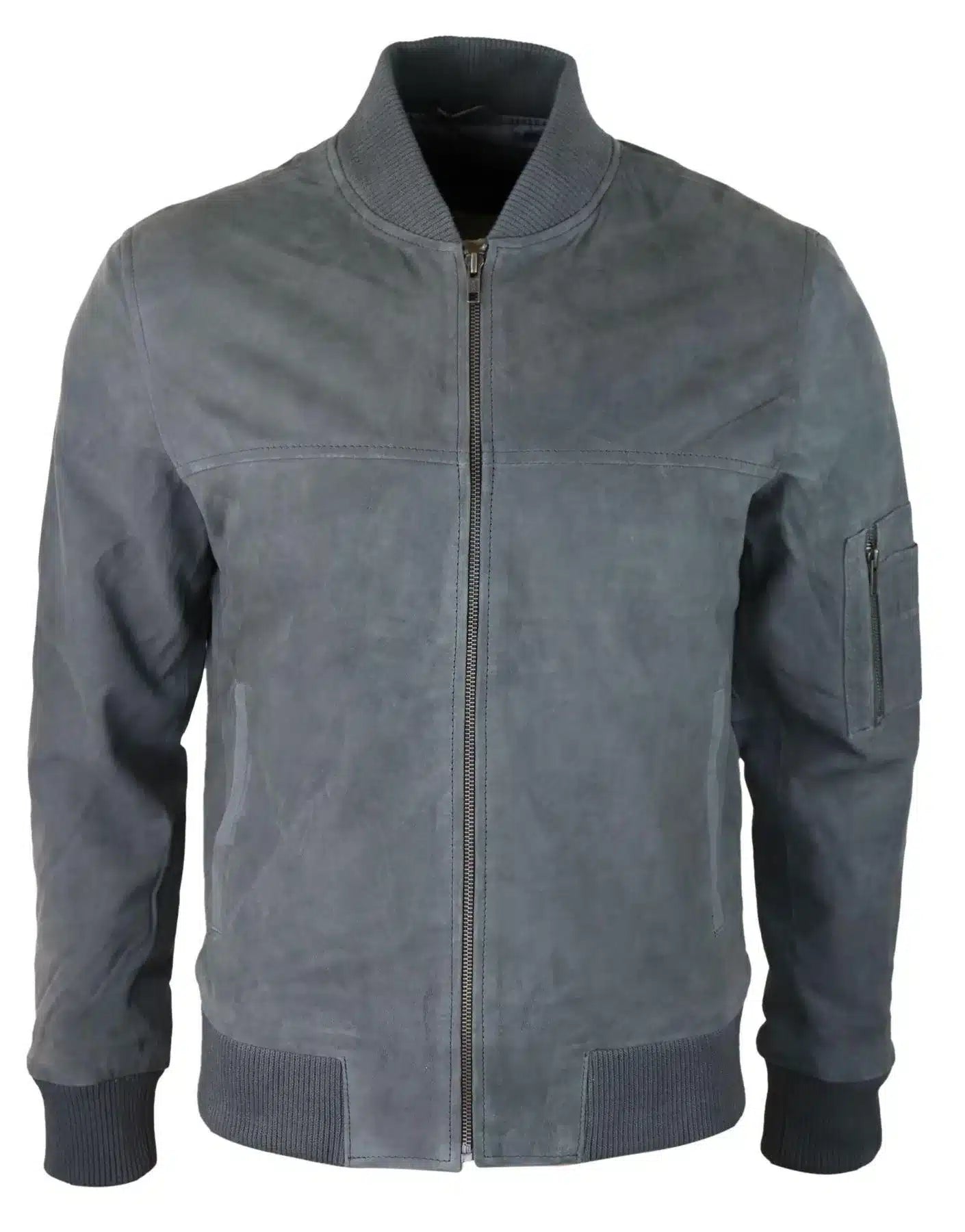 Jaqueta Bomber Masculina de Camurça Genuína em Couro, Estilo Casual Universitário Vintage, Cinza